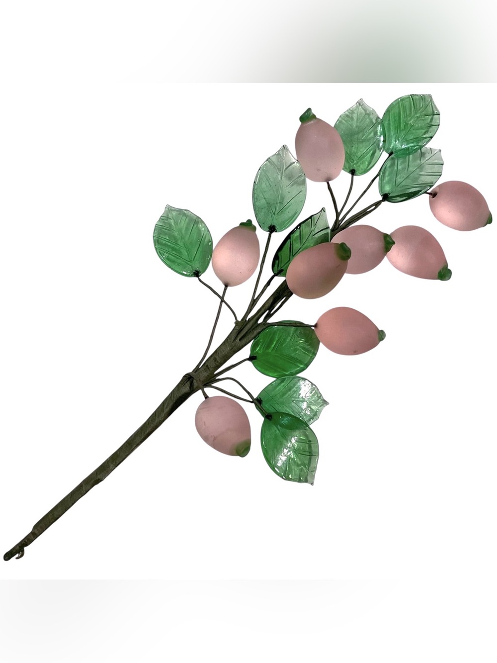 Vintage 1950s Chinese Small Frosted Berry Branch with Leaves Green Art Glass